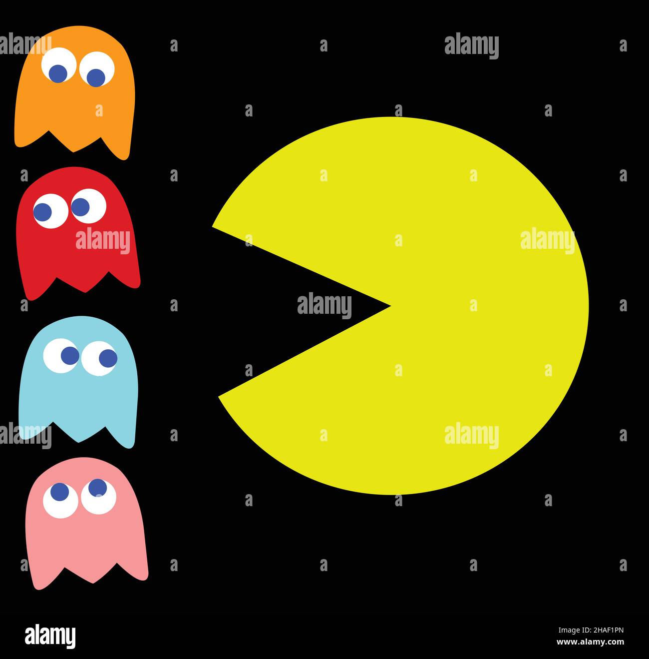 Vector Pac-Man with his enemies, retro game theme illustration. Computer game with characters isolated over black background Stock Vector