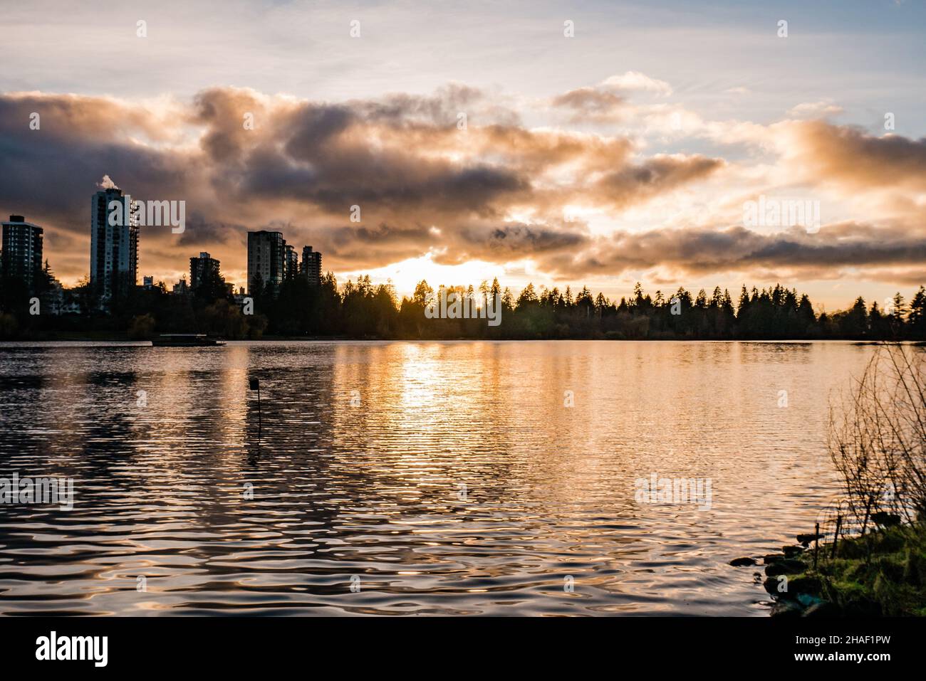 sunset at lost lagoon near stanley park vancouver canada Stock Photo