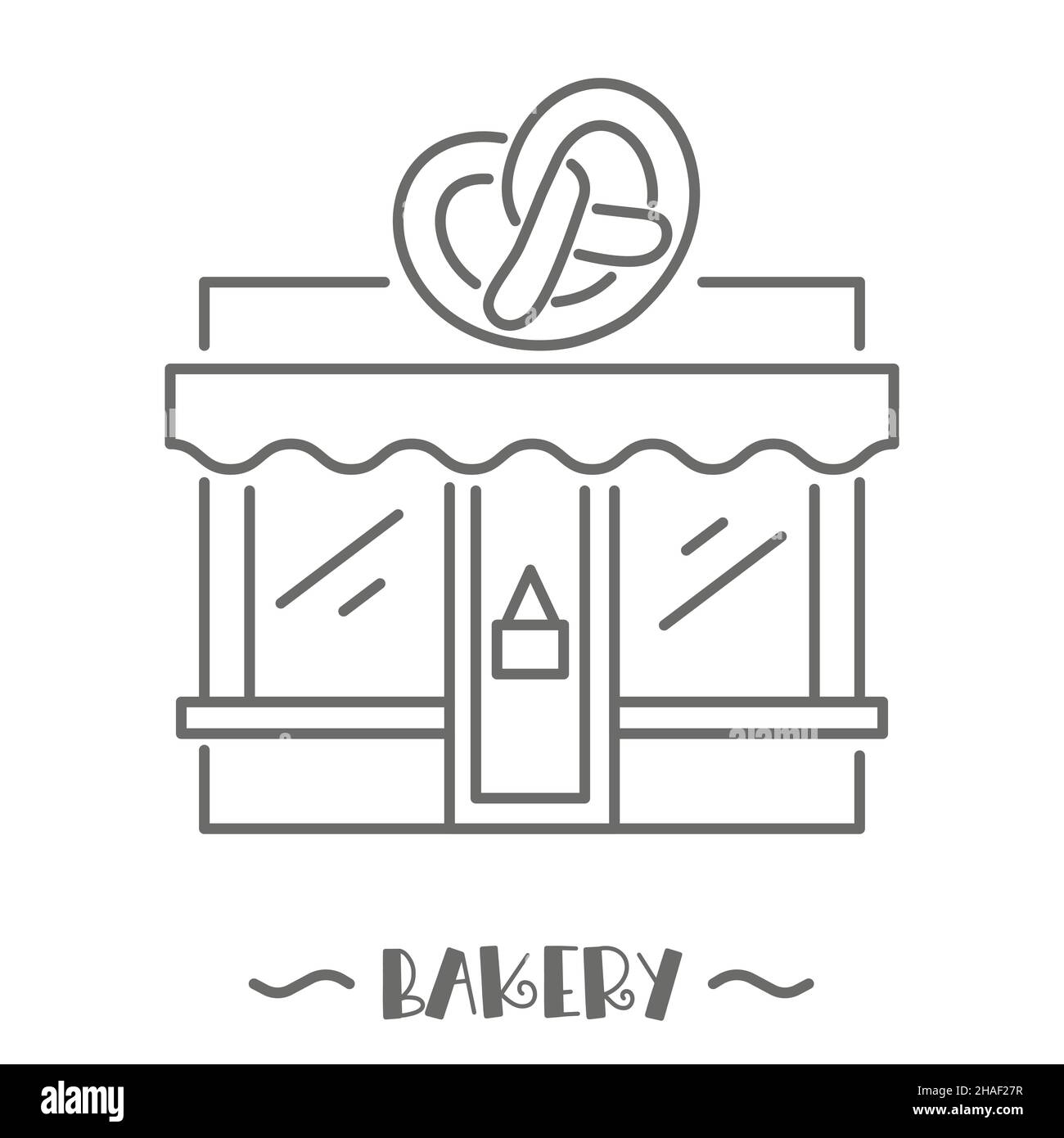 Bakery shop icon. Patisserie front with signboard. Pastry store. Facade of market. Outline vector illustration. Stock Vector