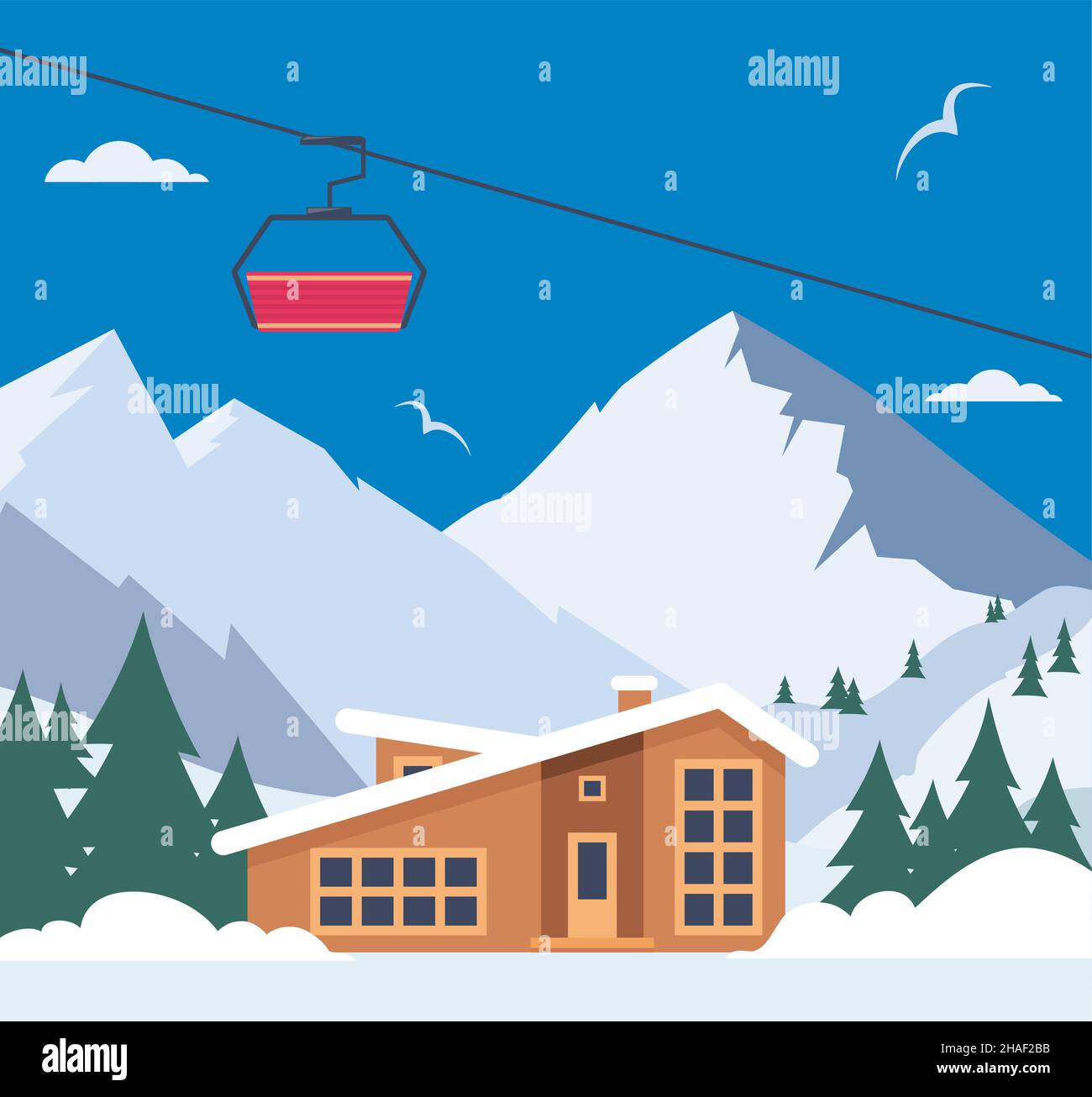 Ski resort. Winter mountain landscape with lodge, ski lift. Winter ...