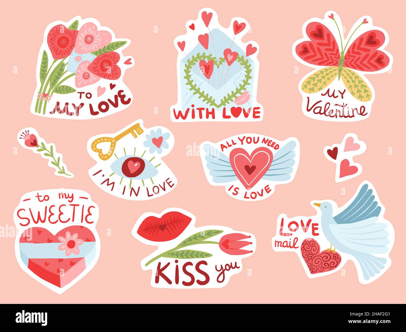 Cute love day elements stickers. Romantic valentines, labels with ...