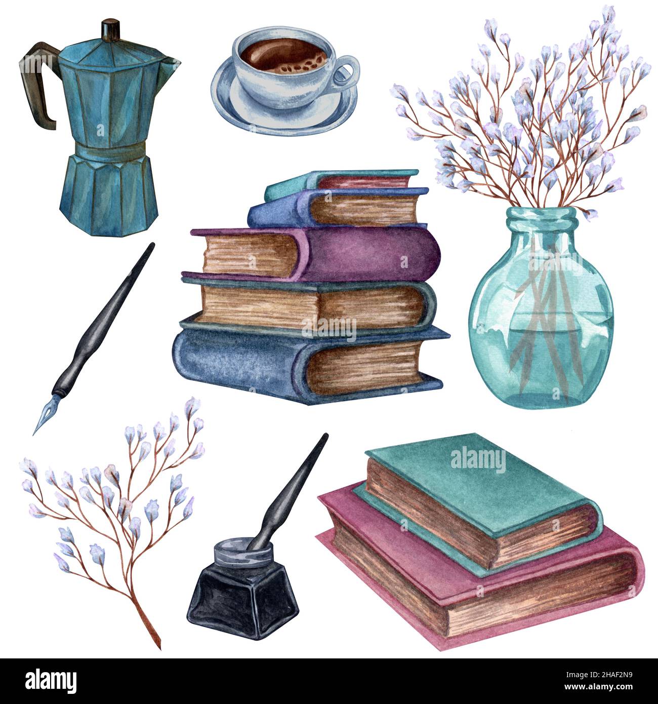 https://c8.alamy.com/comp/2HAF2N9/hand-drawn-watercolor-illustration-a-pile-of-old-color-books-ink-bottle-ink-pen-floral-twig-in-a-vase-coffee-maker-cup-of-coffe-2HAF2N9.jpg