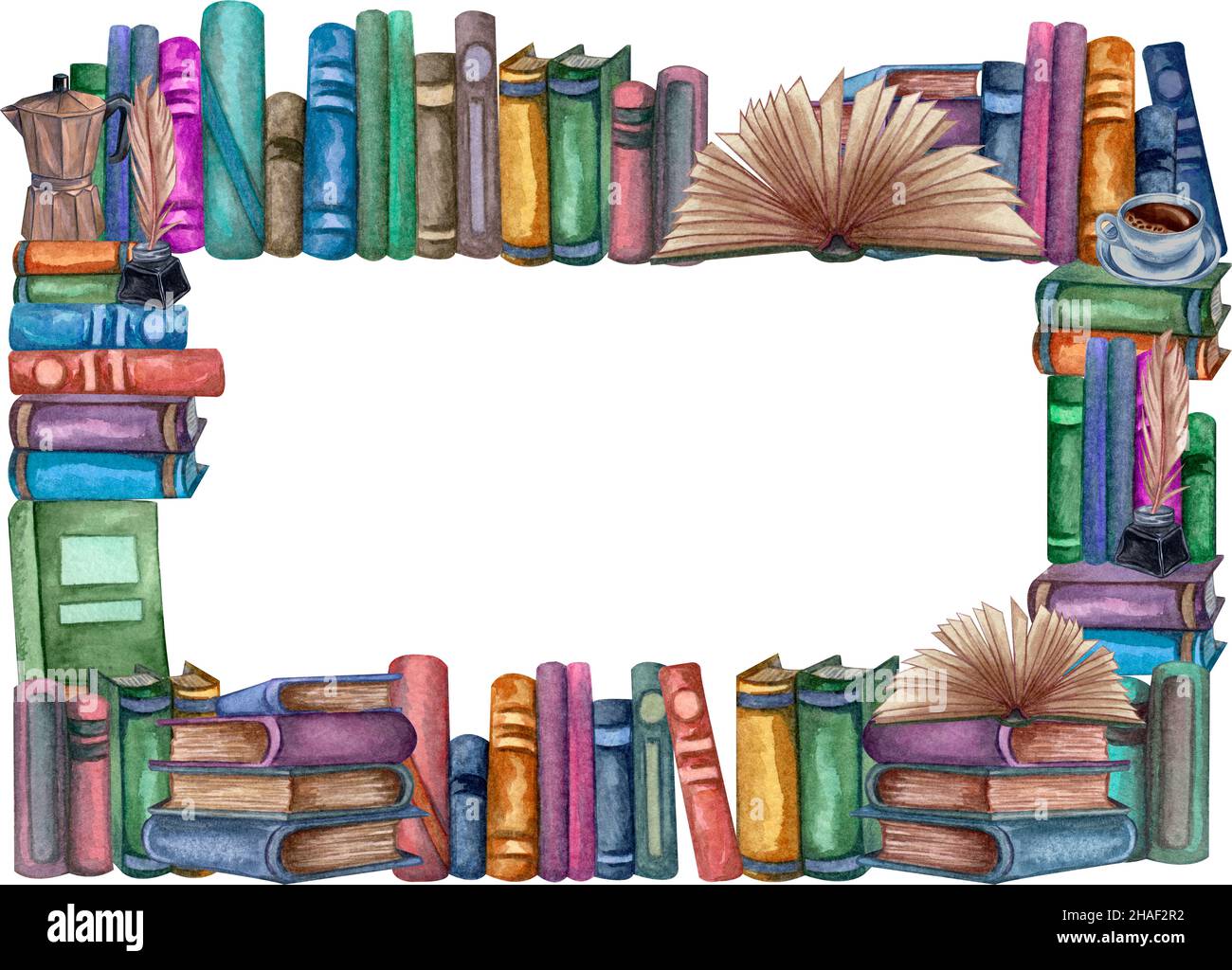 School books frame, education art library, bookshelves watercolor hand