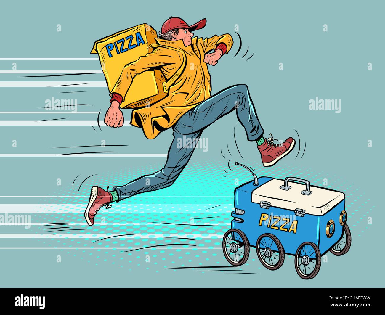 Man vs robot, food delivery. Courier competes with new technologies Stock Vector