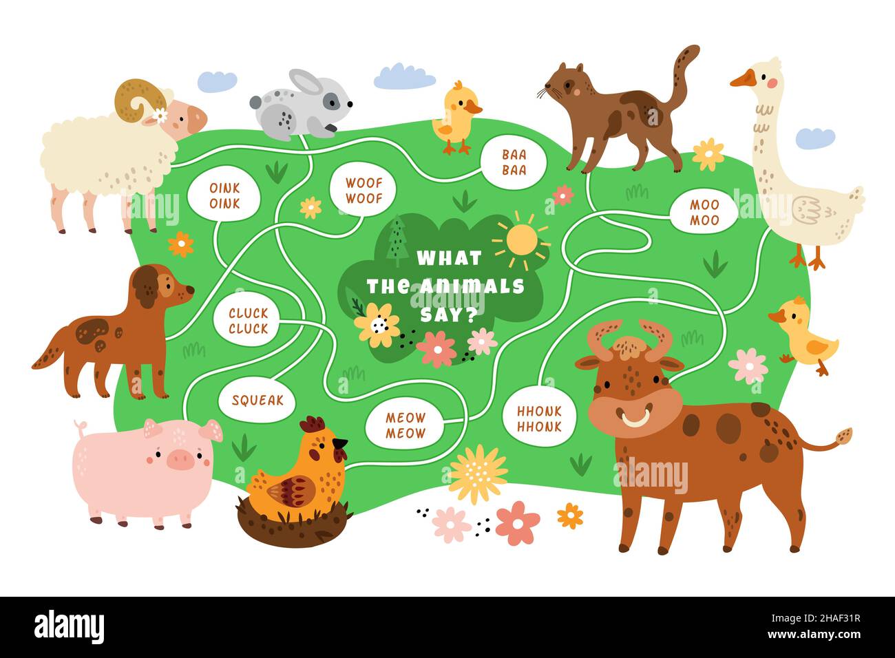 Educational kids animals game. Different farm mammals sound search pathway.  Cartoon design of nursery puzzle. Baby playful learning. Livestock and  Stock Vector Image & Art - Alamy