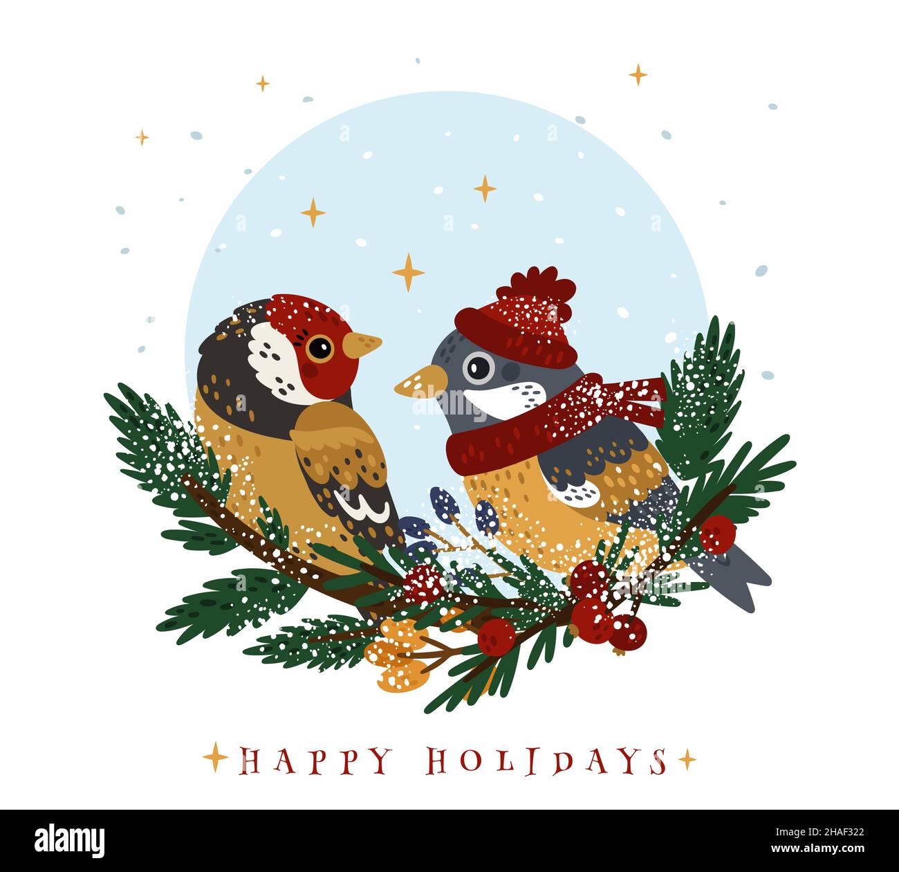 Winter birds greeting card. Little snowie animals sitting on Christmas tree branch. Titmice and goldfinch in coniferous bough. December holiday Stock Vector