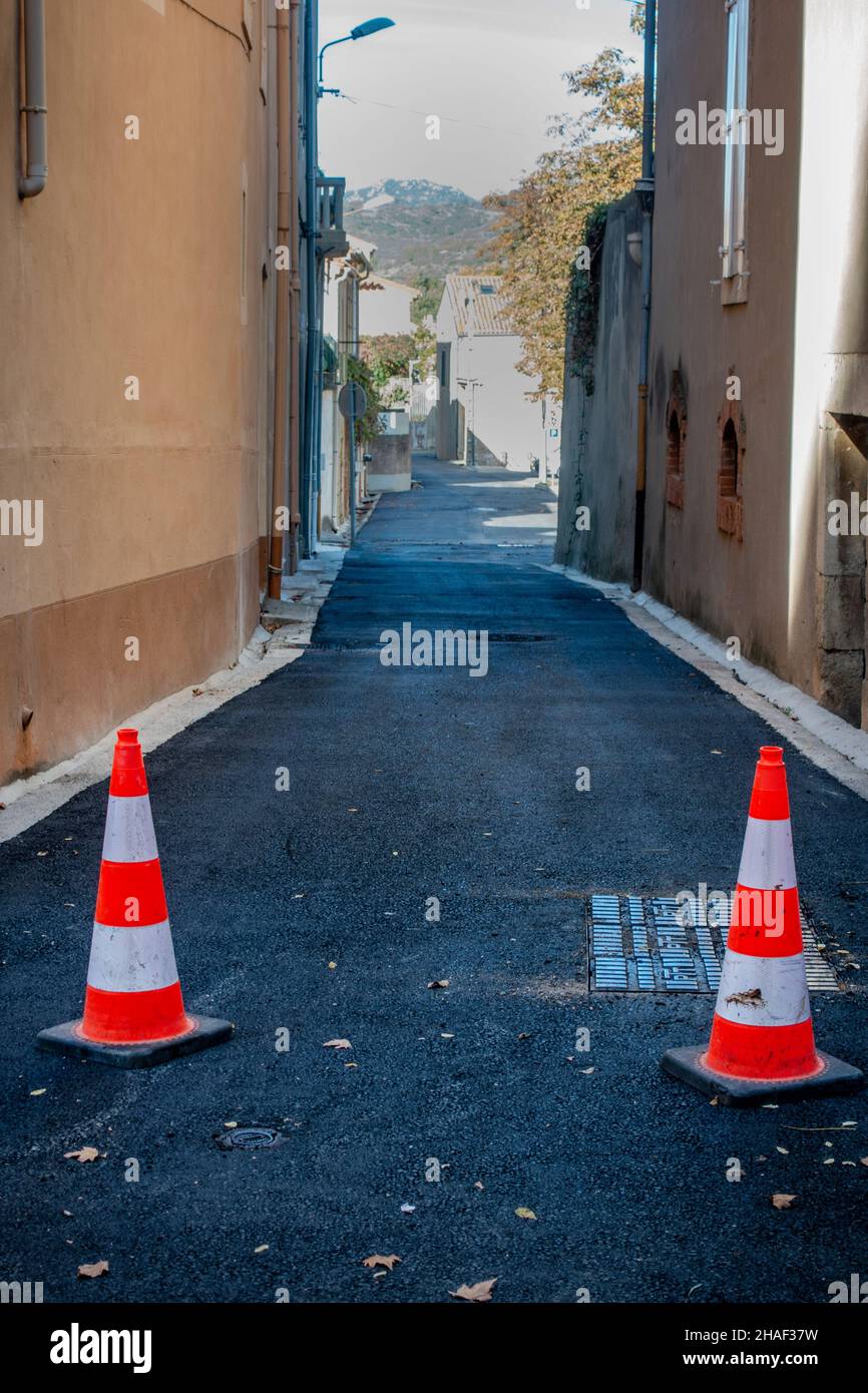 warning road cones marking blocked off road Stock Photo