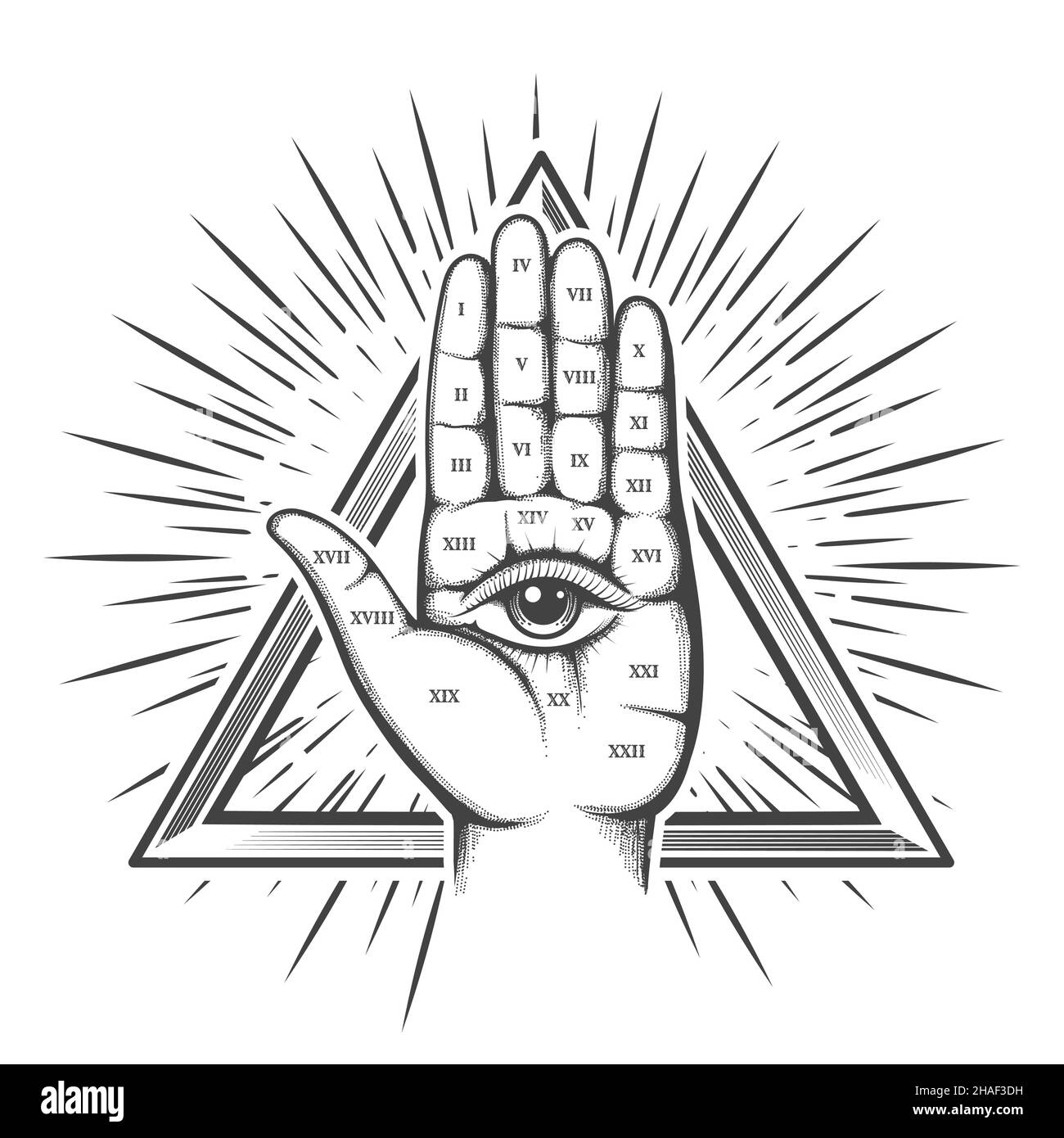 Tattoo of Human Palm with All seeing Eye of Providence inside Triangle. Vector Illustration. Stock Vector