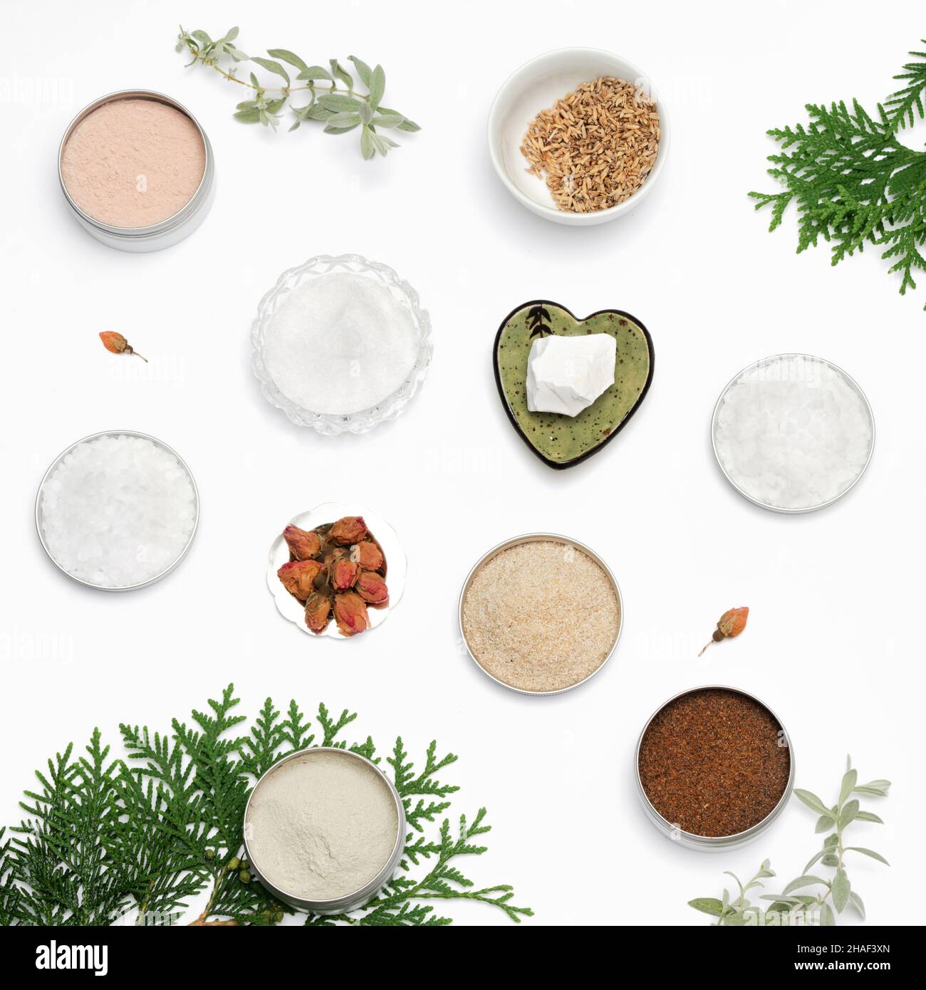 Ingredients for the production of cosmetics on a white background