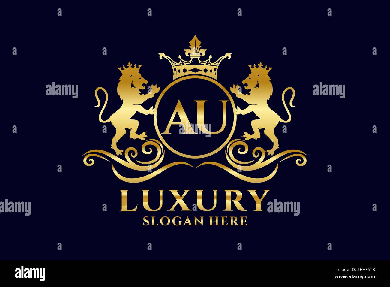 AU Letter Lion Royal Luxury Logo template in vector art for luxurious branding projects and other vector illustration. Stock Vector