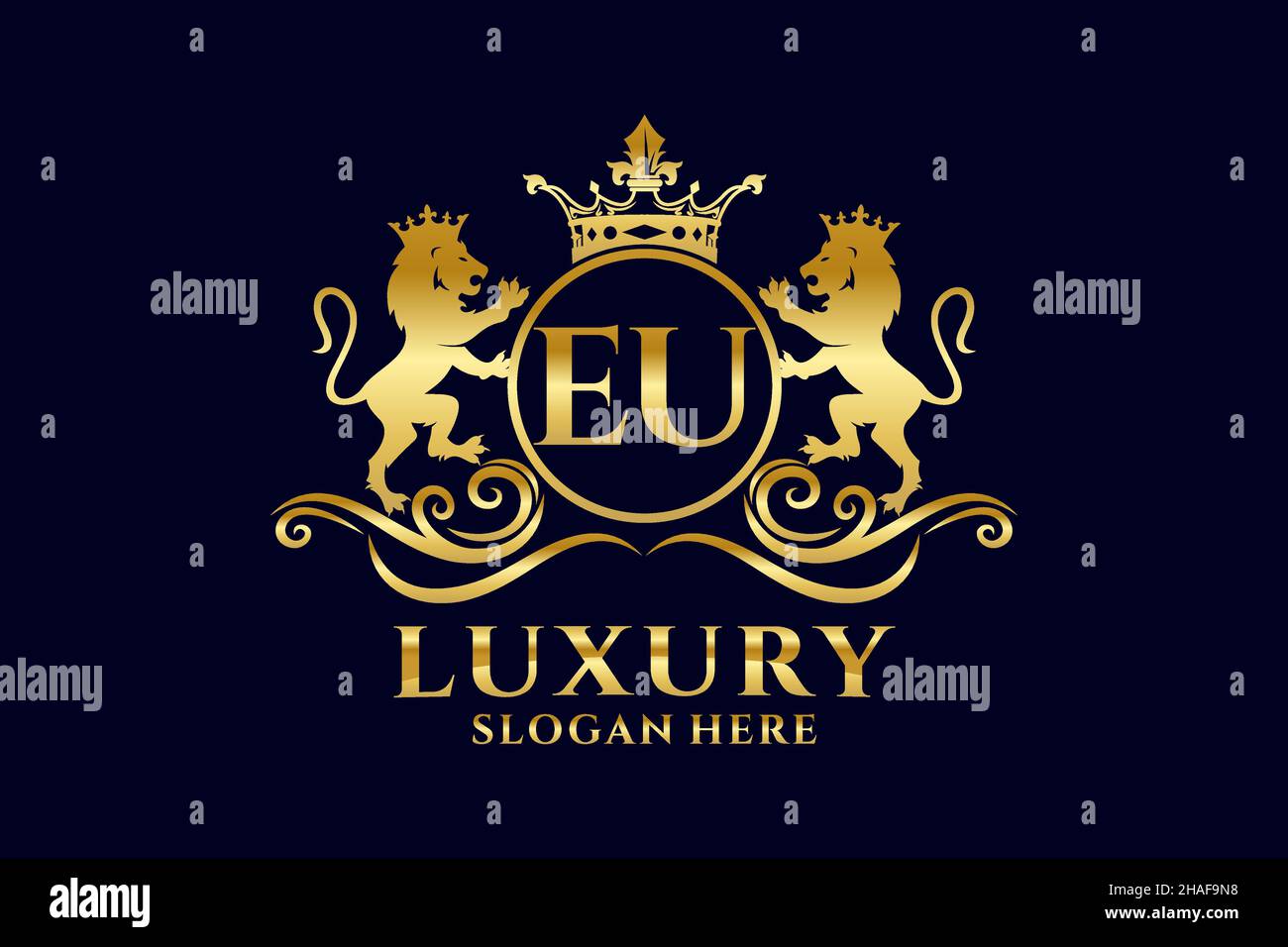 EU Letter Lion Royal Luxury Logo template in vector art for luxurious branding projects and other vector illustration. Stock Vector