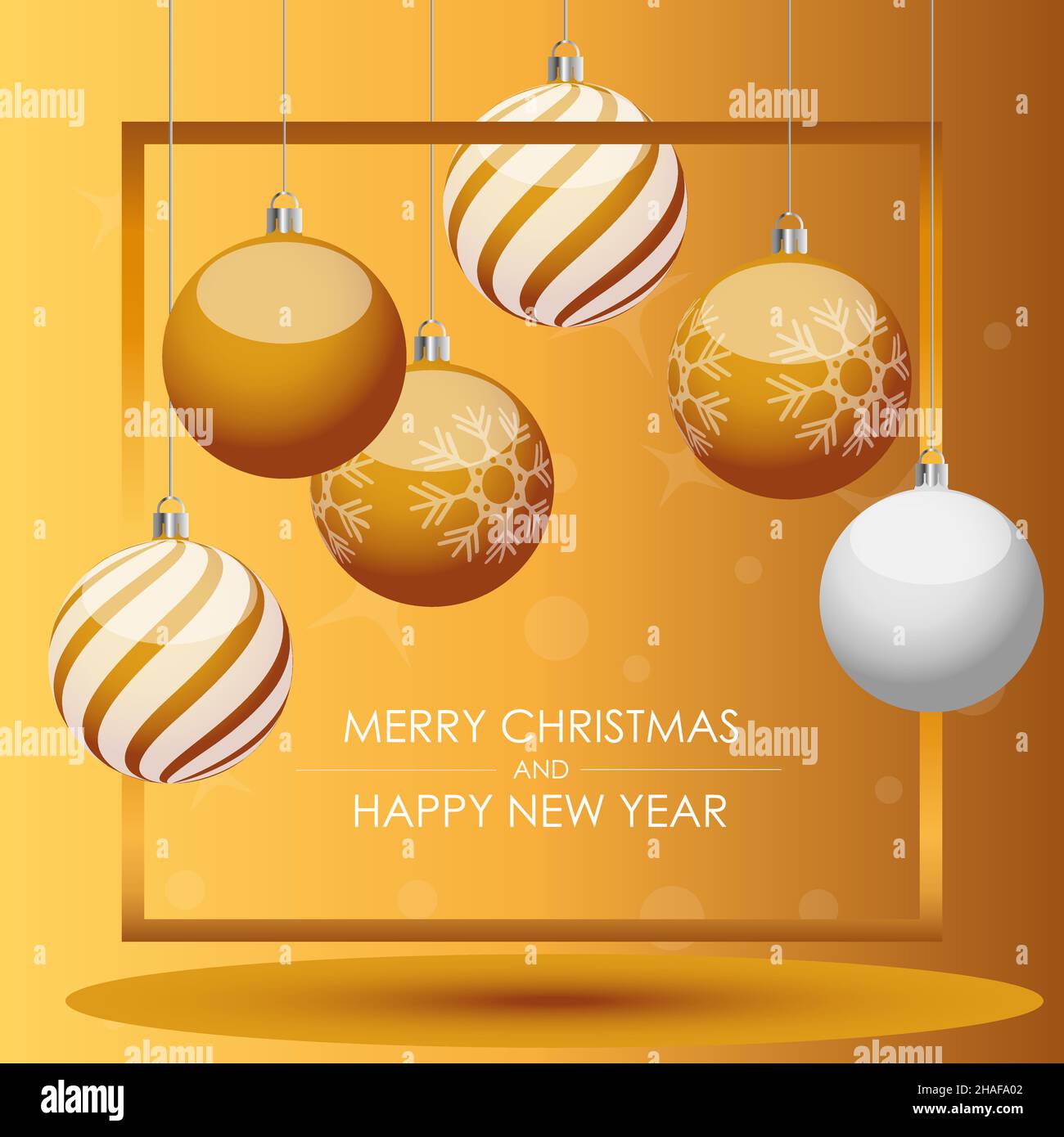 Merry Christmas and Happy New Year gift card with golden balls. Elegant ...