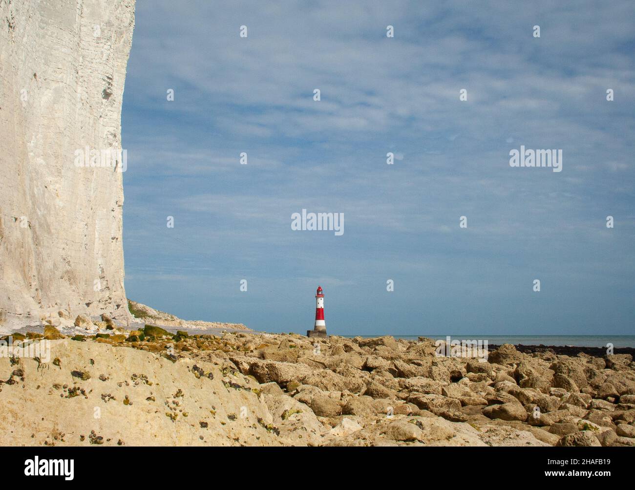 Beachy Head Lighthouse below the white cliffs in East Sussex near Eastbourn, England Stock Photo