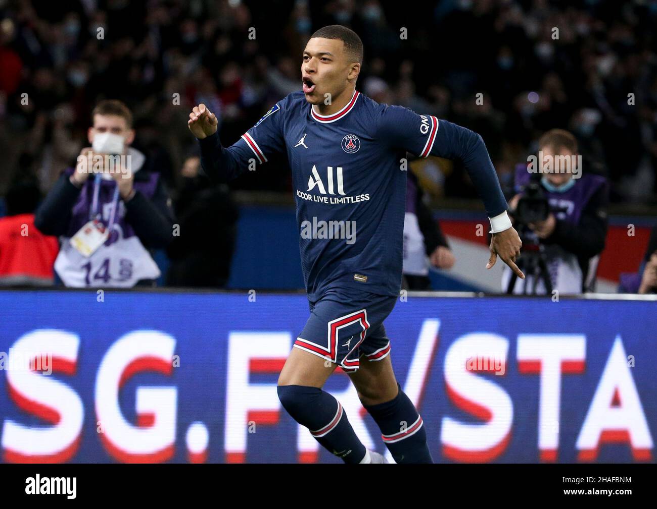Paris, France. 12th Dec, 2021. Kylian Mbappe of PSG celebrates his goal  during the French championship Ligue 1 football match between Paris  Saint-Germain (PSG) and AS Monaco (ASM) on December 12, 2021