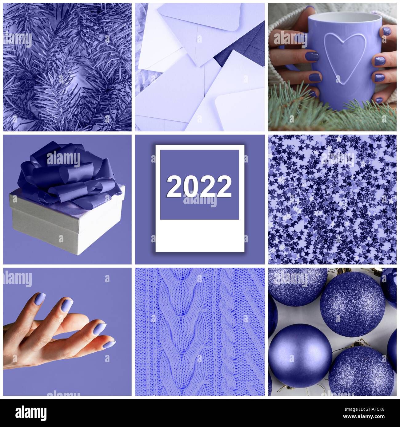 Color of the Year 2022 Very Peri. Christmas square collage of nine