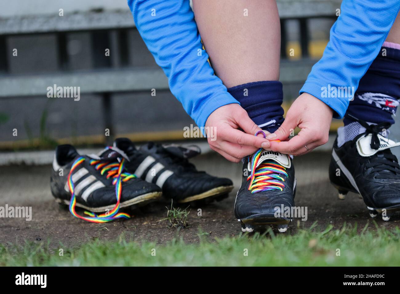 Rainbow Laces being tied up on football boots Stock Photo Alamy