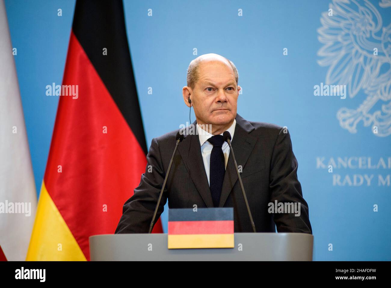 Warsaw, Poland. 12th Dec, 2021. German Chancellor Olaf Scholz seen speaking during a press conference.Four days after taking office, German Chancellor Olaf Scholz paid an inaugural visit to neighboring Poland on Sunday 12th of December. Olaf Scholz was welcomed by Polish Prime Minister Mateusz Morawiecki. After political talks, Olaf Scholz and Mateusz Morawiecki attended a press conference at the Prime Minister's Chancellery. Credit: SOPA Images Limited/Alamy Live News Stock Photo