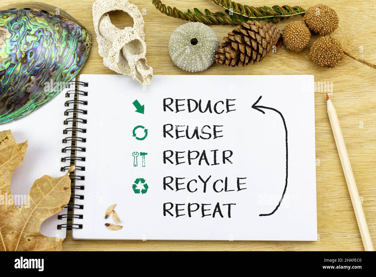 reduce, reuse, repair, recycle repeat in note book, sustainable circular economy concept Stock Photo