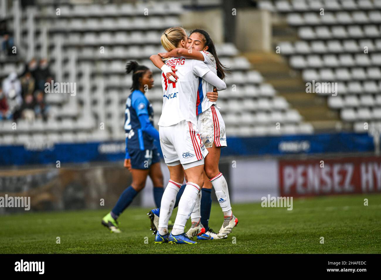 Paris, France. 12th Dec, 2021. Ada Hegerberg and Selma Bacha of Olympique Lyonnais during the Women's French championship, D1 Arkema football match between Paris FC and Olympique Lyonnais (OL) on December 12, 2021 at Charlety Stadium in Paris, France. Photo by Victor Joly/ABACAPRESS.COM Credit: Victor Joly/Alamy Live News Stock Photo