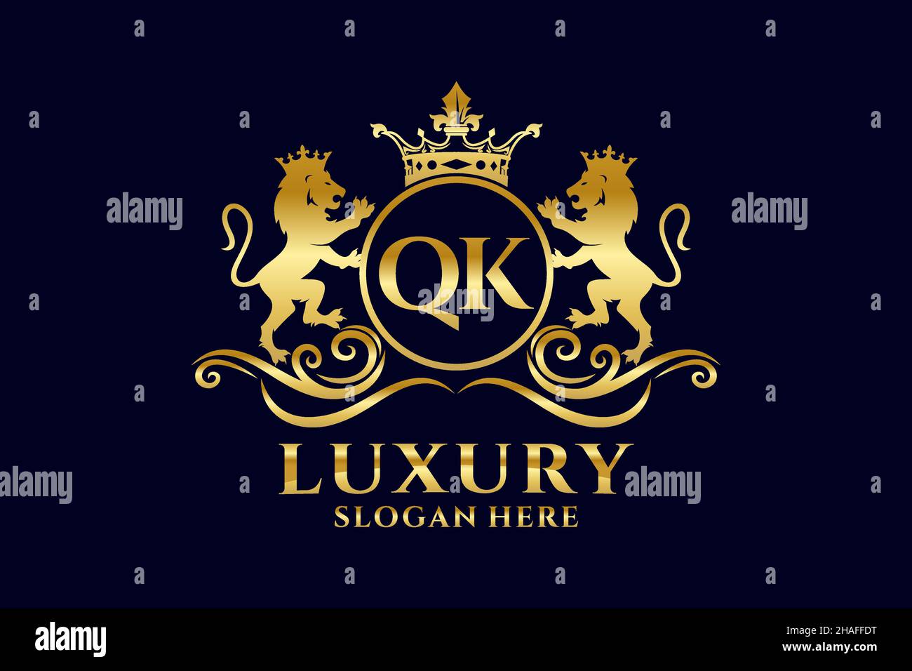 QK Letter Lion Royal Luxury Logo template in vector art for luxurious branding projects and other vector illustration. Stock Vector