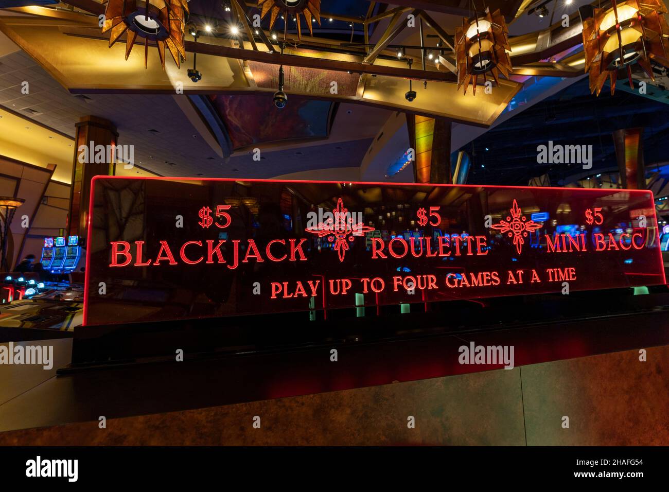Sign for Blackjack Roulette table at the Sky Convention Center at the Mohegan Sun Casino, Montville, CT., USA. Stock Photo