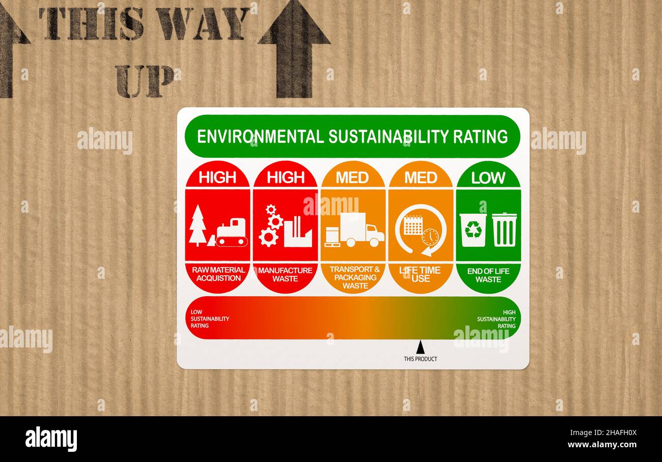 sustainability rating label for consumer product on outside of cardboard box, customer environmental information concept Stock Photo