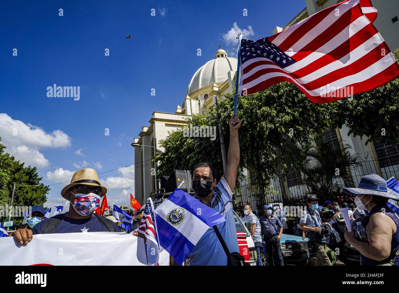 San Salvador, El Salvador. 12th Dec, 2021. Protesters hold United