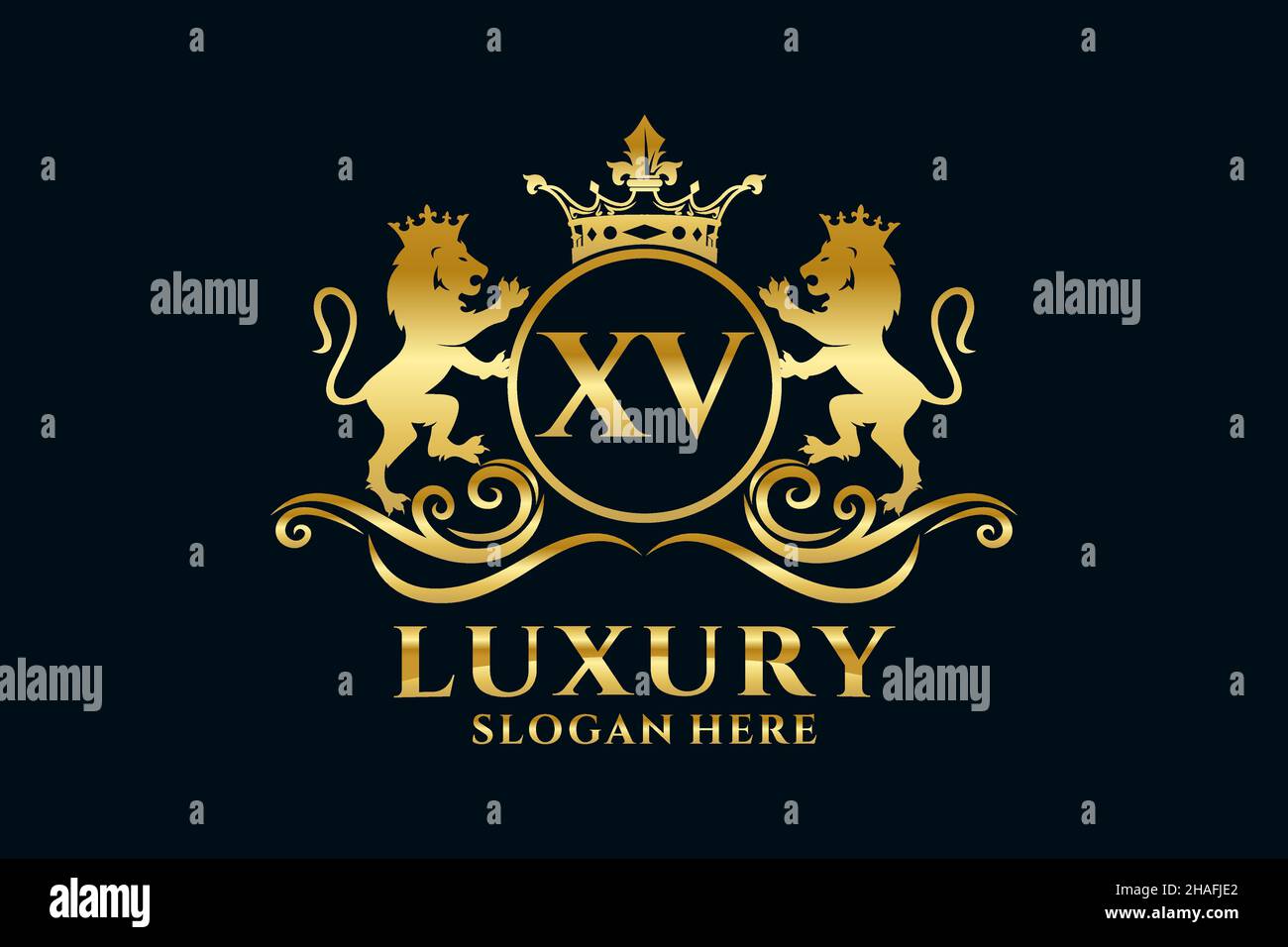 XV Letter Lion Royal Luxury Logo template in vector art for luxurious branding projects and other vector illustration. Stock Vector