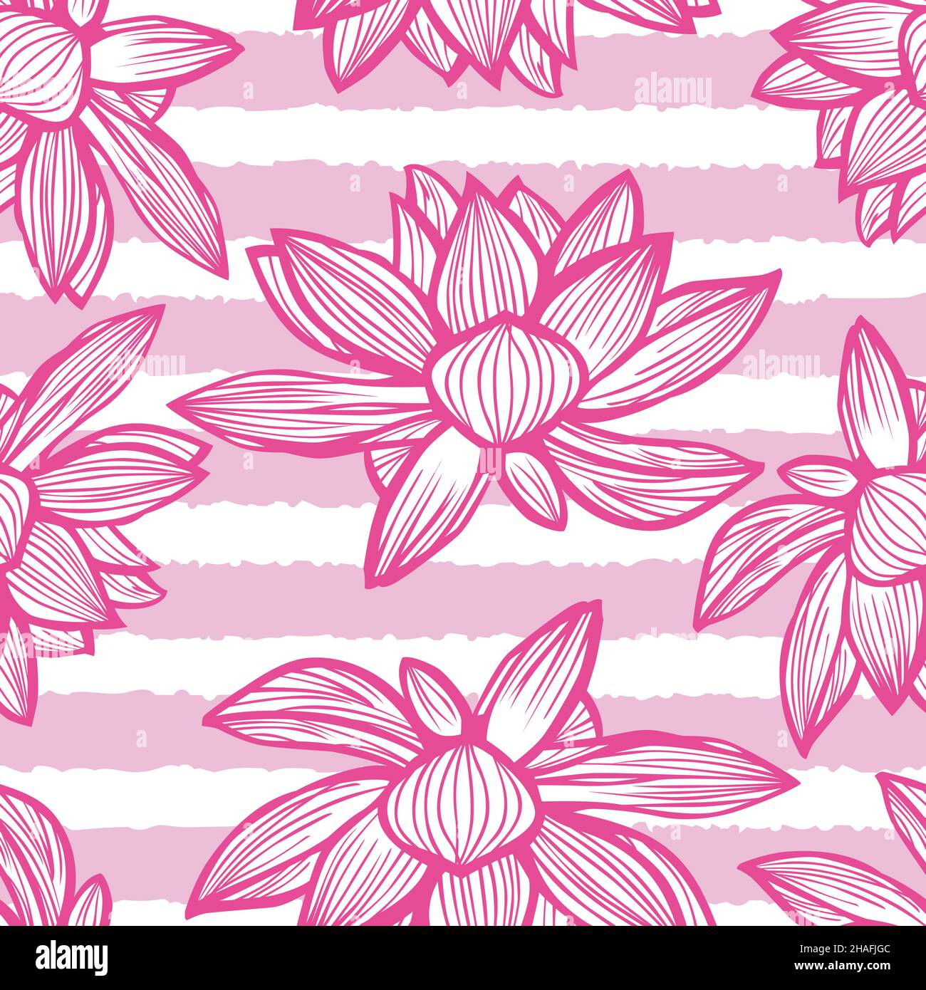 Vector pink lotus flower outlines monochrome repeat pattern 06 with
