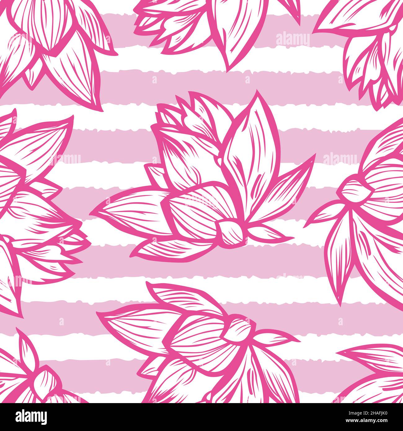 Vector pink lotus flower outlines monochrome repeat pattern 08 with stripes. Suitable for textile, gift wrap and wallpaper. Stock Vector