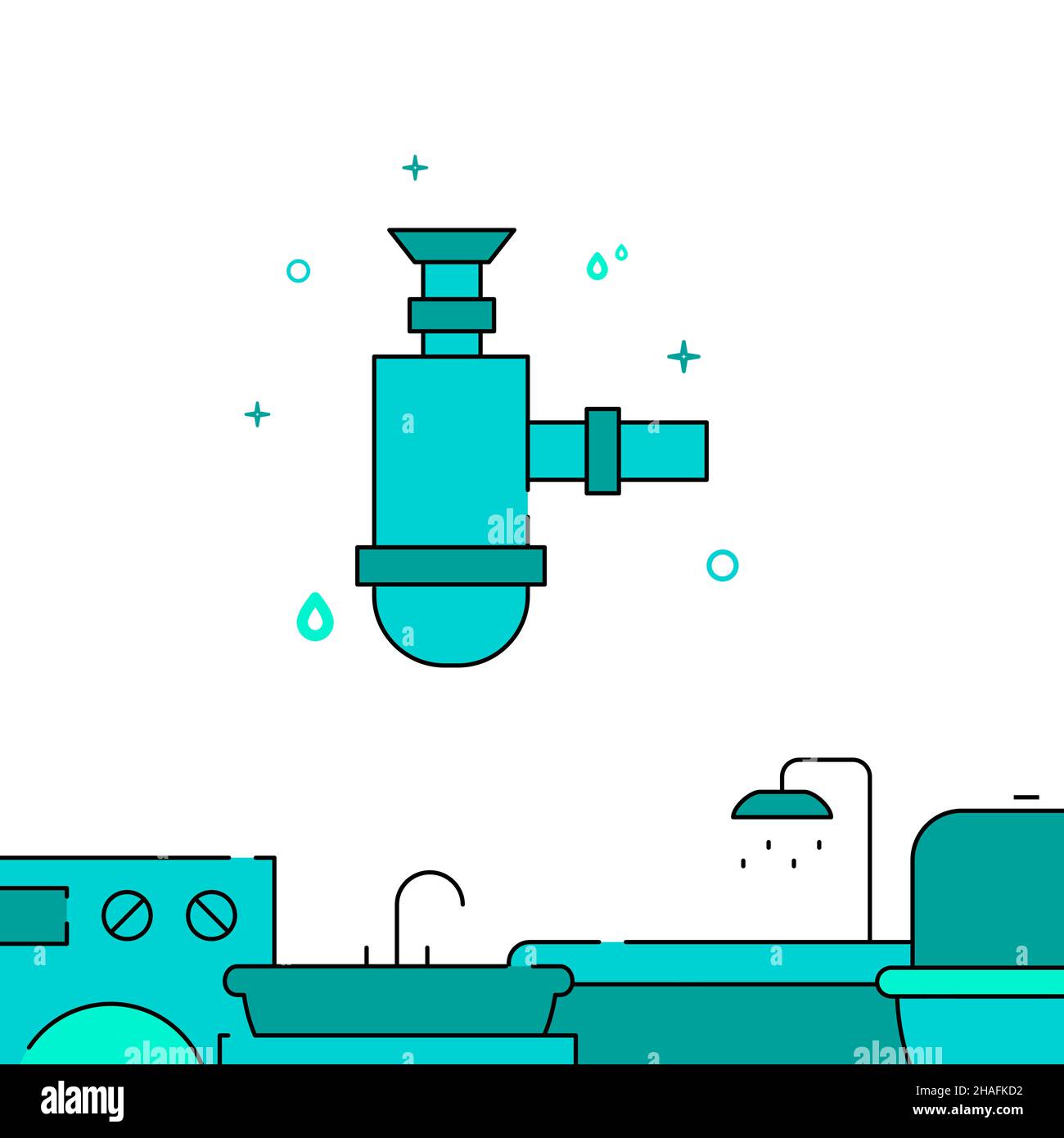 Sink siphon filled line vector icon, simple illustration, Plumbing related bottom border. Stock Vector