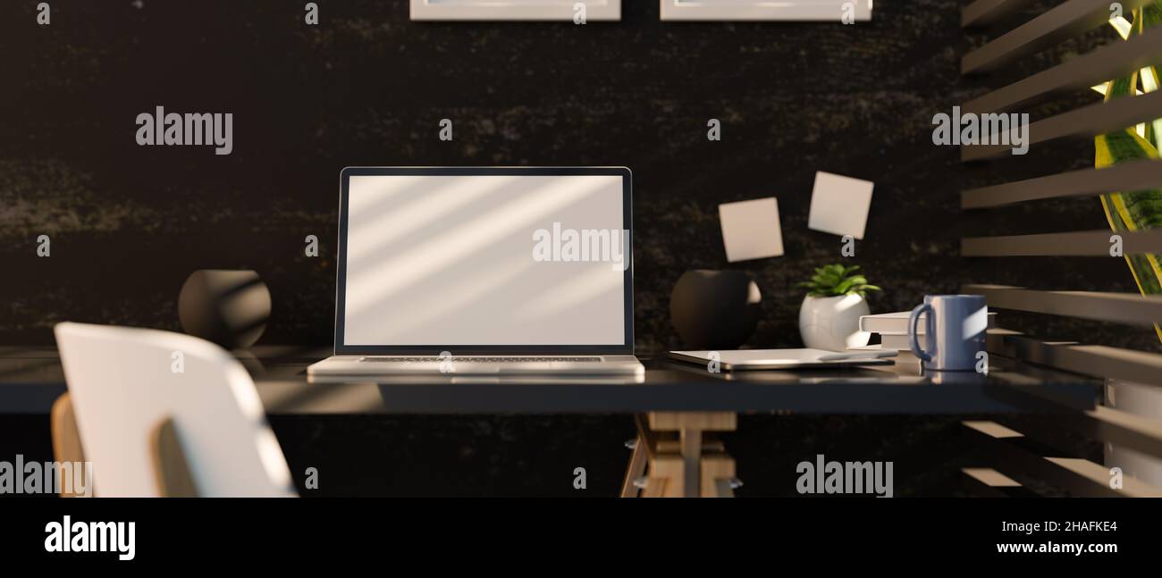 Modern dark office interior design with laptop computer mockup on