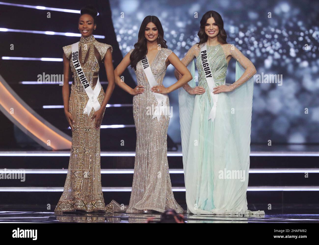 The Final 3 Miss Universe Candidates Miss South Africa Lalela Mswane Miss India Harnaaz Sandhu And Miss Paraguay Nadia Ferreira Pose During The Miss Universe Pageant In The Red Sea Resort Of