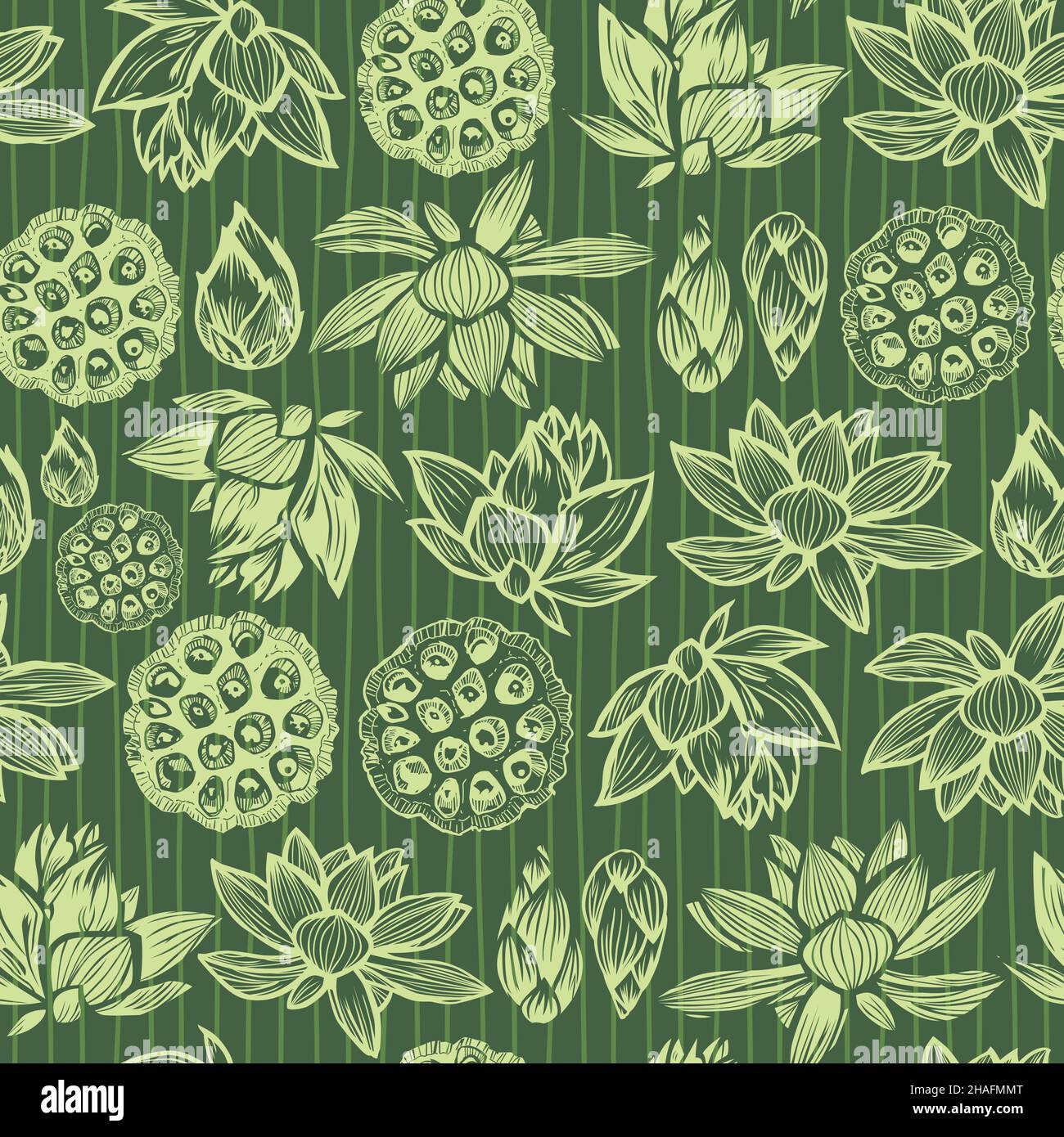 Vector green rows of lotus flower, leaf and seed pods 07 repeat pattern