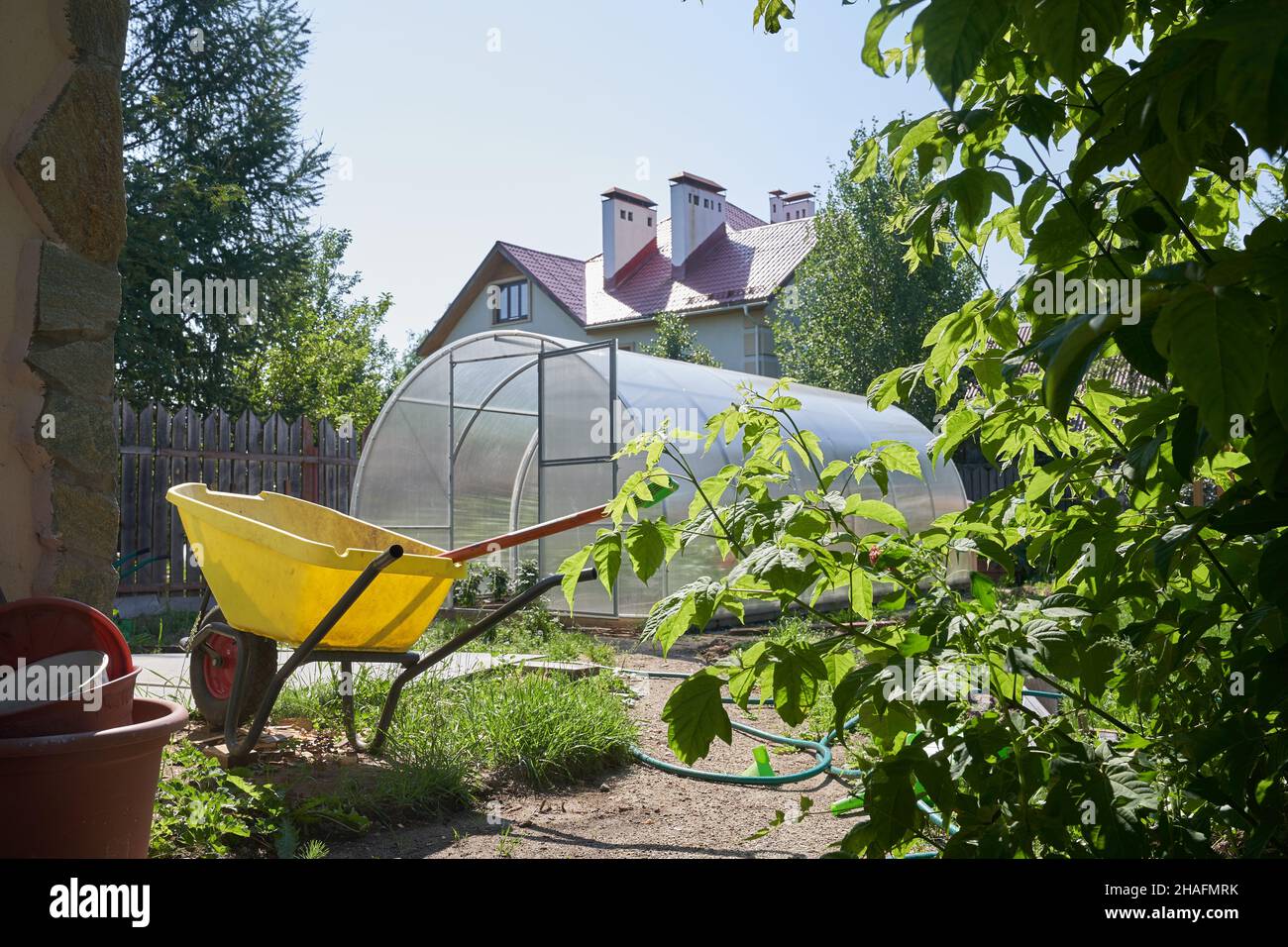 A modern greenhouse made of polycarbonate. Agricultural tools and a cat with one wheel in the garden. The concept of modern gardening. High quality photo Stock Photo