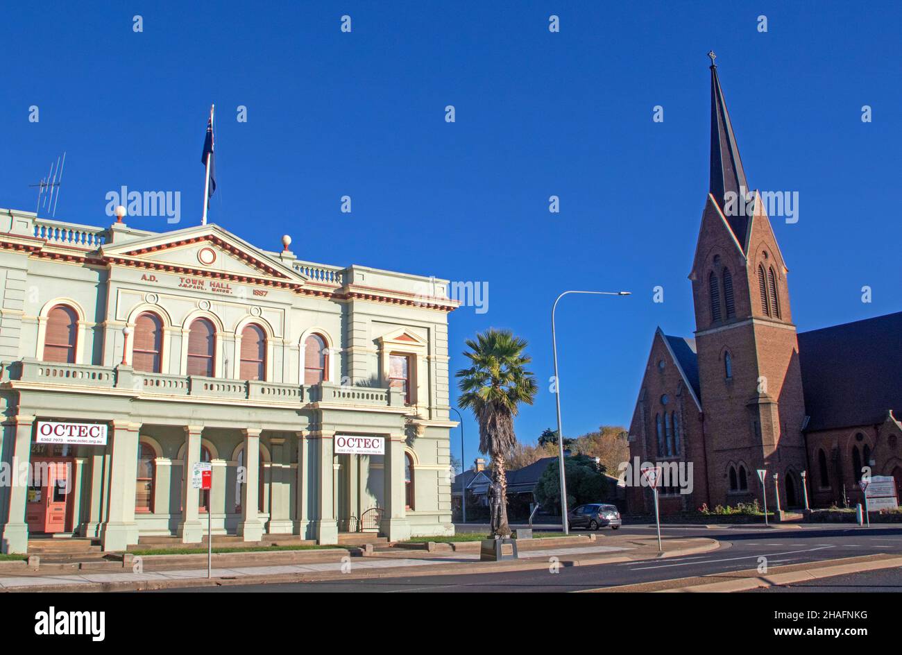 Former town hall and Holy Trinity Anglican Church in Orange Stock Photo