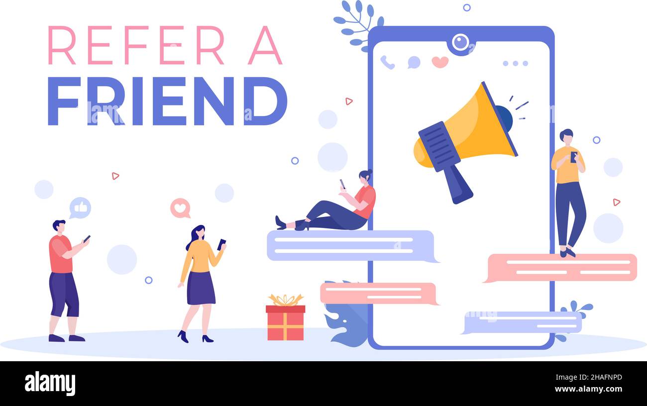 Refer a Friend Flat Design Illustration with Megaphone on Screen Mobile ...