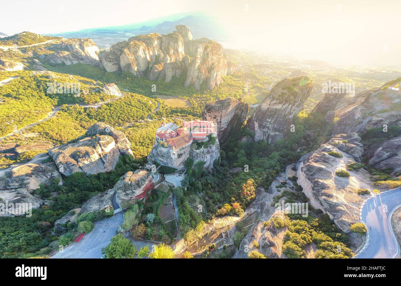 Aerial view over Meteora, a rock formation in central Greece hosting one of the largest most precipitously built complexes of Eastern Orthodox monaste Stock Photo