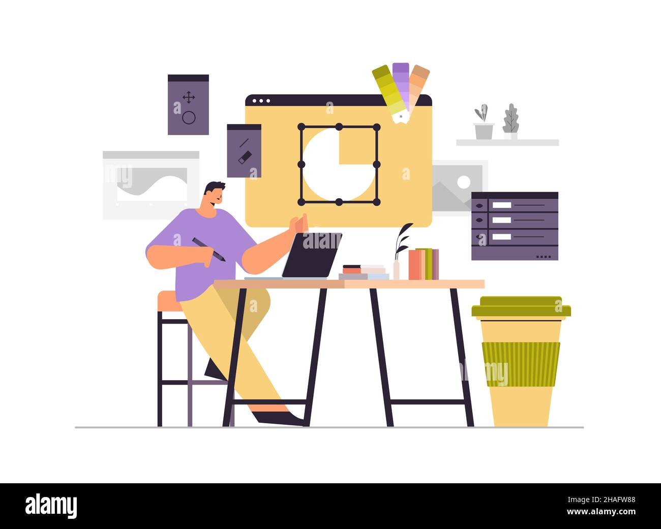 designer drawing with pen in graphic editor man creating website user ...