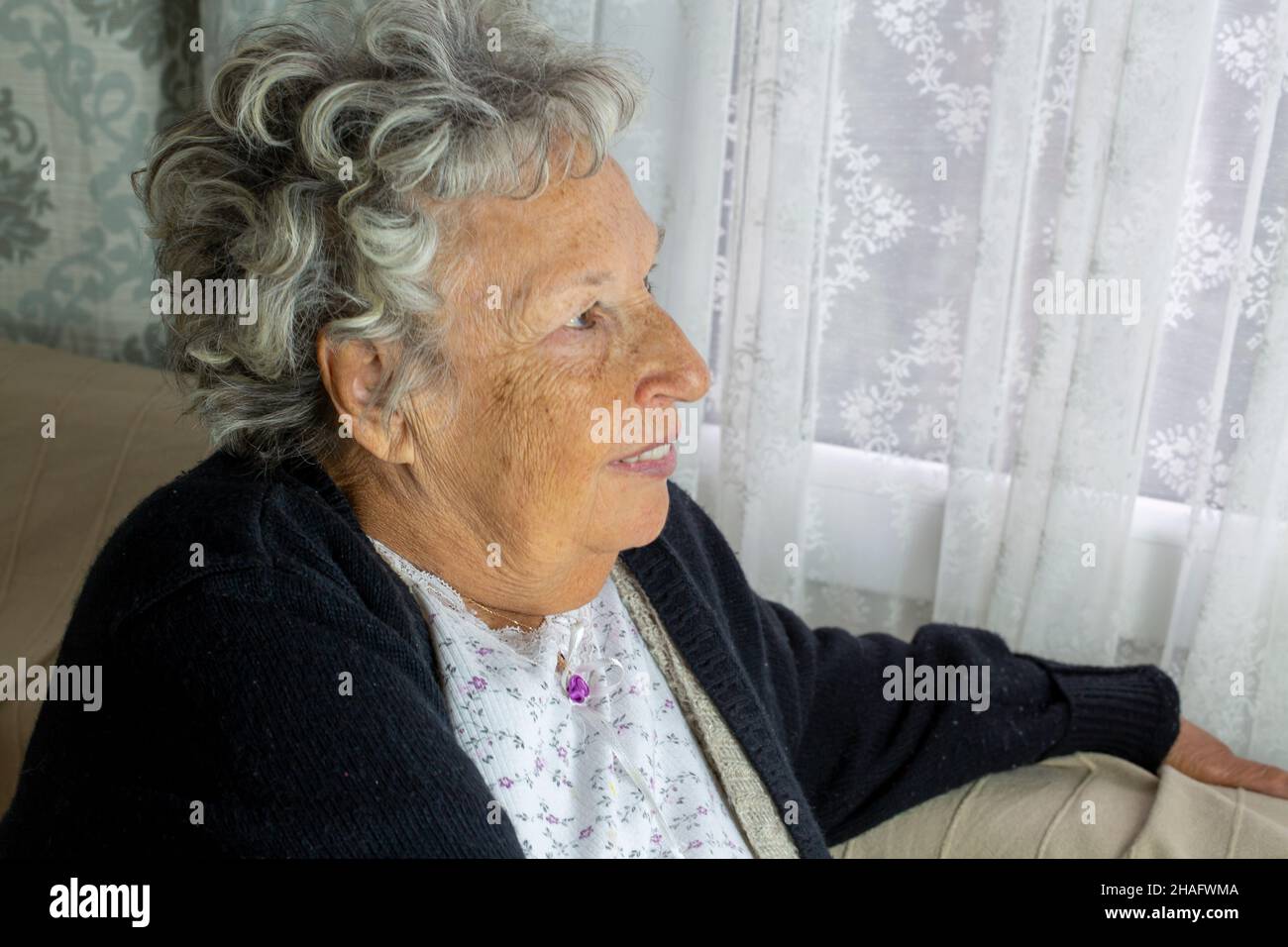 Portrait of smiling senior woman, sitting at home Stock Photo