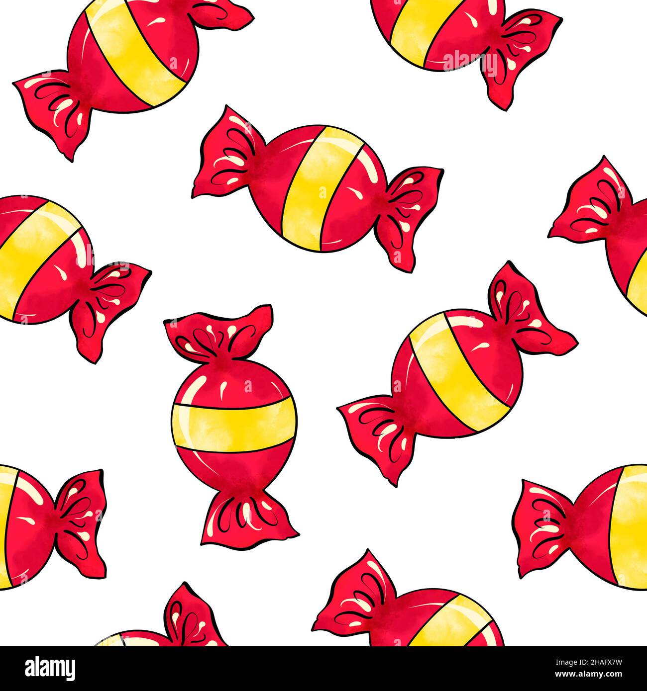 Seamless raster pattern of candy wrapped in red color with yellow stripe on white isolated background. High quality illustration Stock Photo