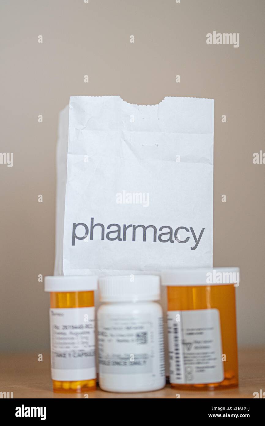 Pharmacy Bag with medicine prescriptions in front Stock Photo
