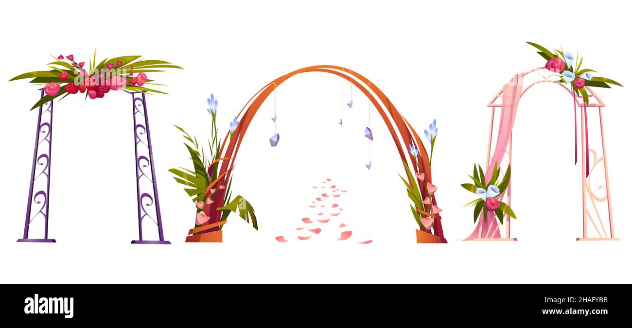 Wedding arches decorated with flowers, leaves, crystals and textile. Decoration for marriage ceremony with floral design, bridal archways isolated on white background, Cartoon vector illustration Stock Vector