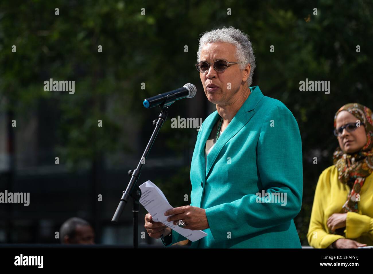 Cook County Board President Toni Preckwinkle speaks at a press conference held at Federal Plaza in Chicago, IL on August 28, 2019. Stock Photo