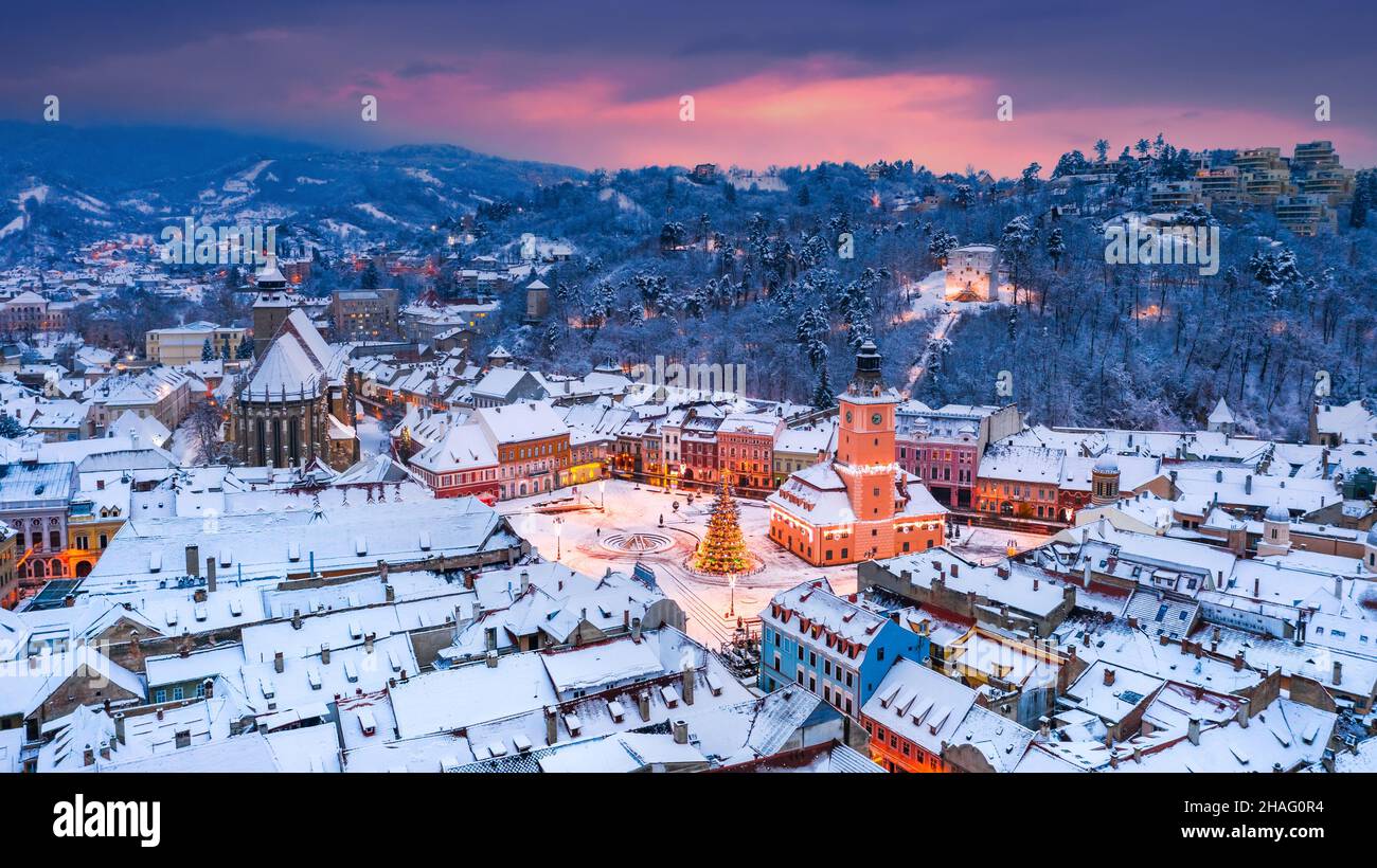 Brasov, Romania. Aerial view of Council Square and Christmas Tree, Transylvania landmark, Eastern Europe Stock Photo