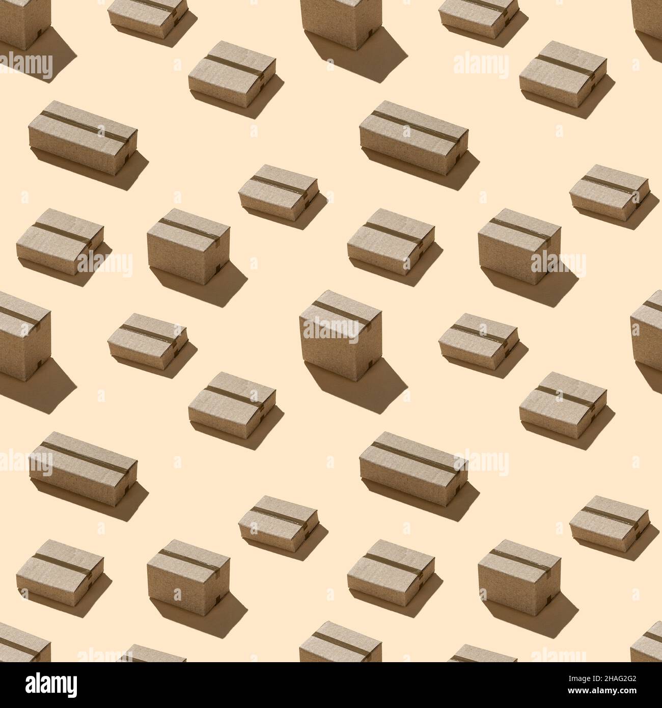 Cardboard boxes hard shadows geometric seamless pattern on brown background. Stock Photo