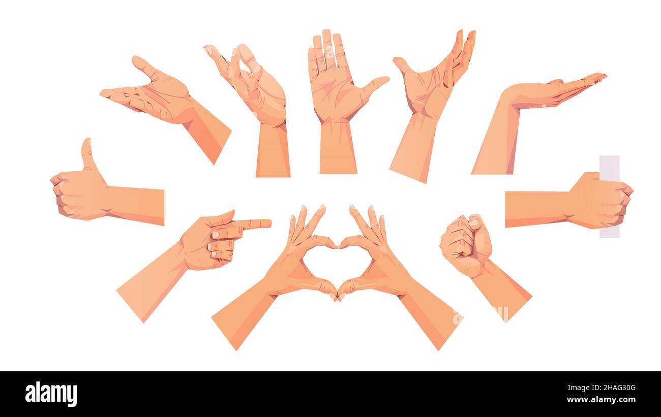 set human hands showing different gestures communication language gesturing concept horizontal Stock Vector