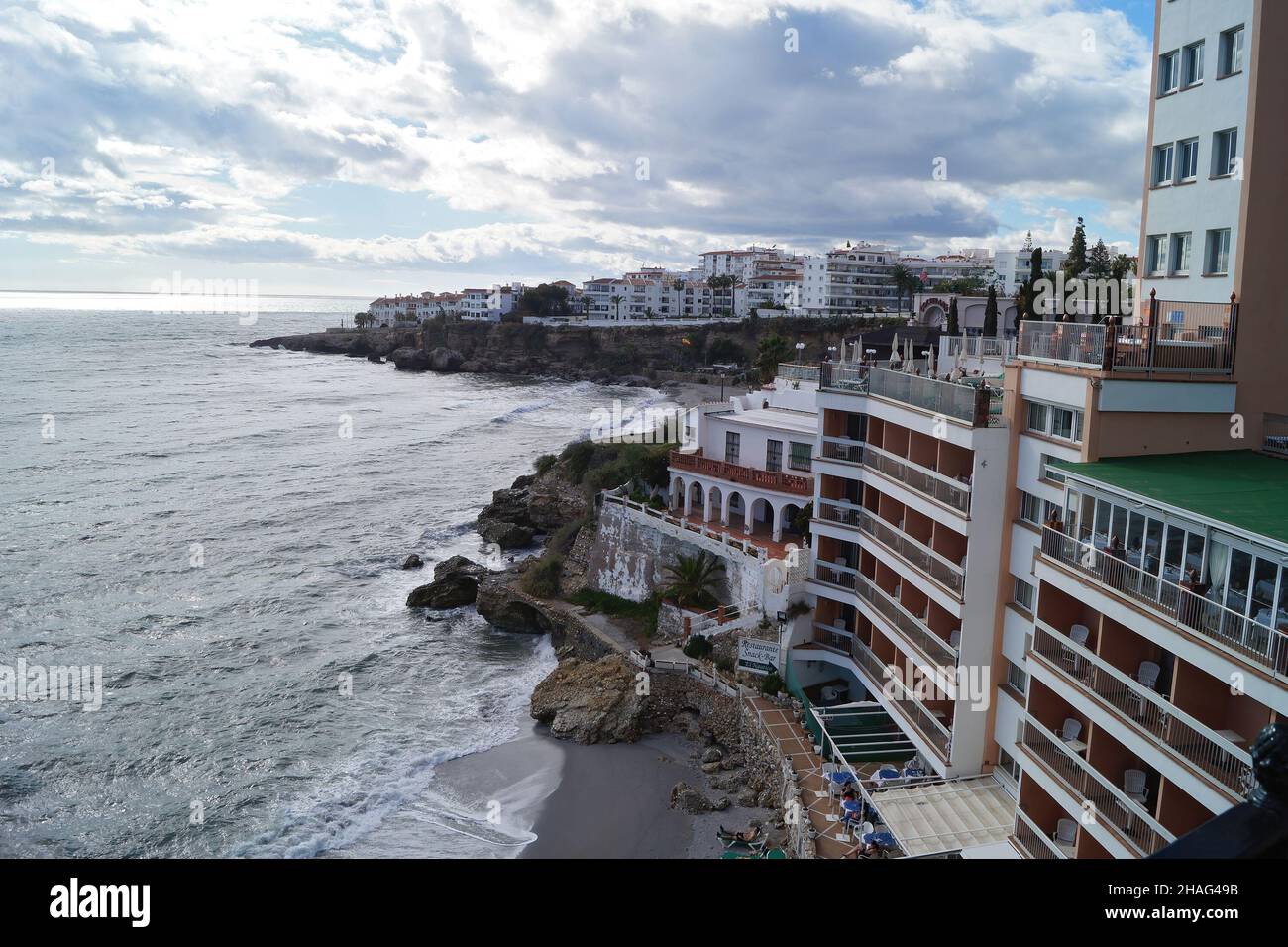 Mediterranean Shoreline shot with buildings at NErja , Andalusia , Spain Stock Photo