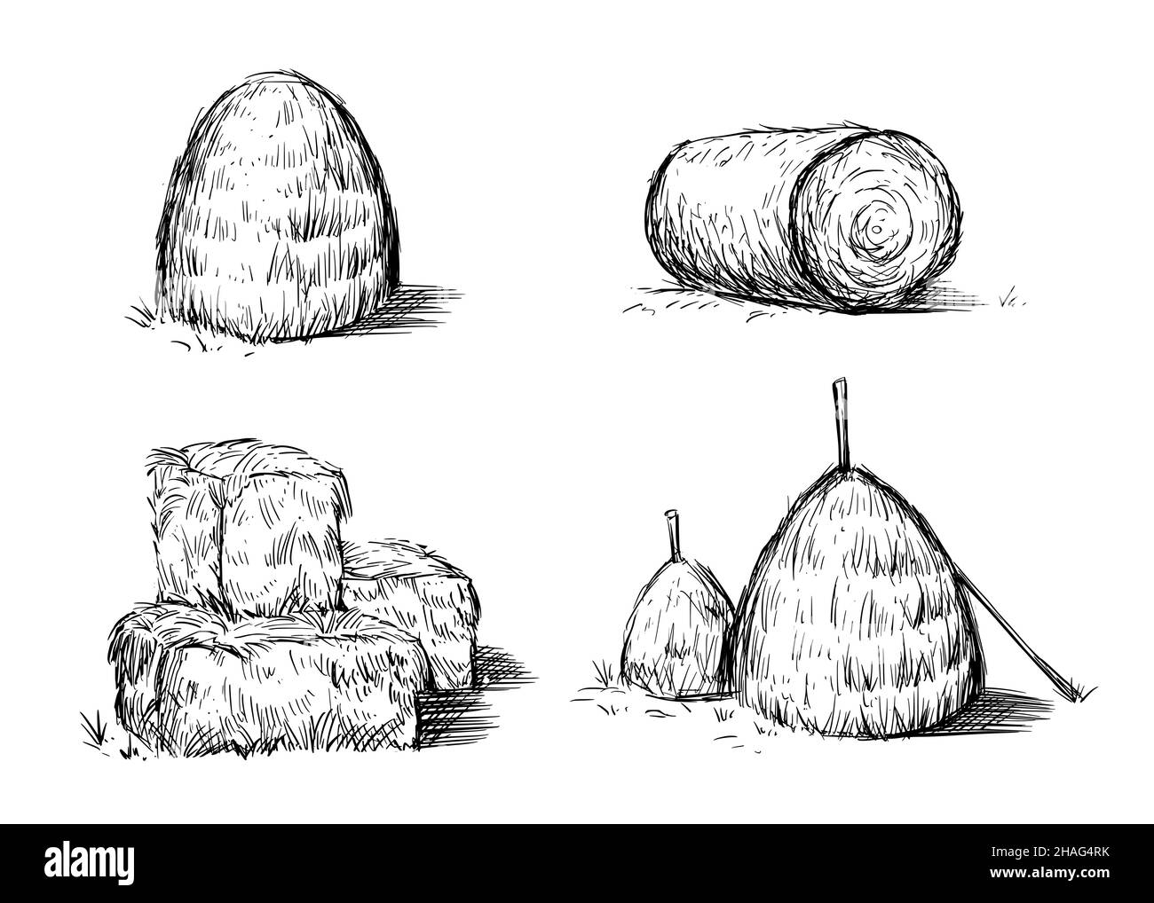 Hay bale farm drawing sketch. Hand drawn haystack set. Isolated vector illustration. Stock Vector