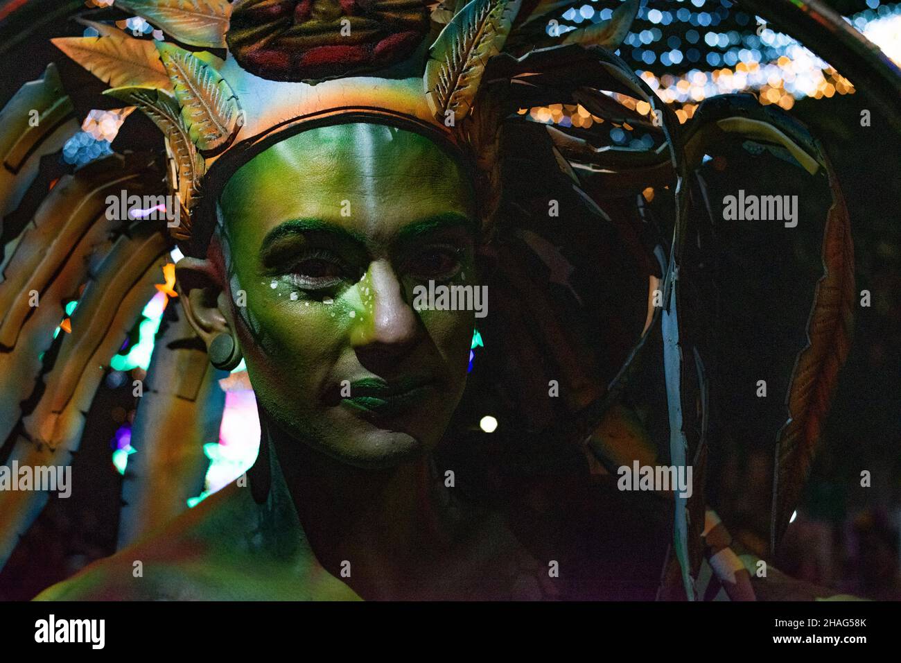 Cultural groups from across Medellin take over the streets for a festive Carnival representing Colombia's myths and legends that opens the Christmas season and Festivities in the City, in Medellin, Colombia on December 8, 2021. Stock Photo